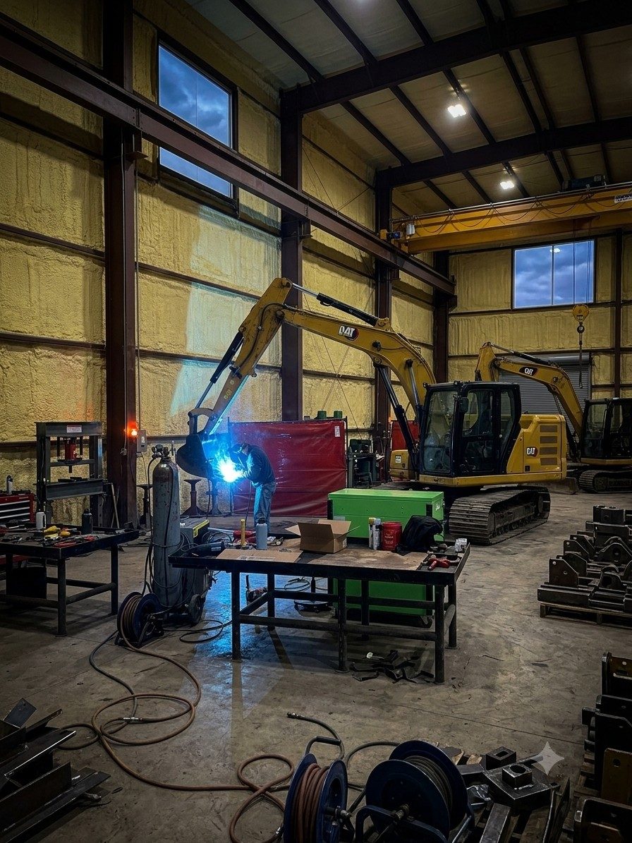Evening in the Arch Machinery shop — welding beside a Cat excavator under the bridge crane